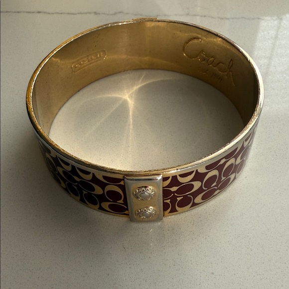 Coach Jewelry - Coach Gold-Tone Burgundy and Cream Signature C Enamel Bangle Bracelet